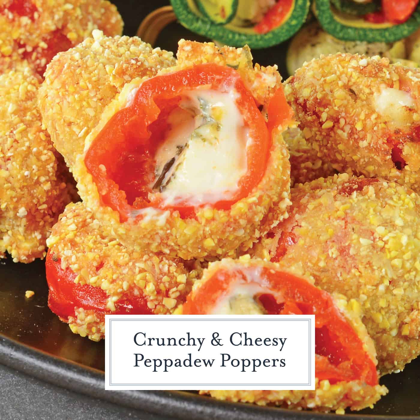 Sweet peppadew peppers stuffed with tangy goat cheese, tossed in cornmeal and then lightly fried. Dip in a chipotle aioli, green goddess or honey mustard sauce. #cheesepoppers www.savoryexperiments.com