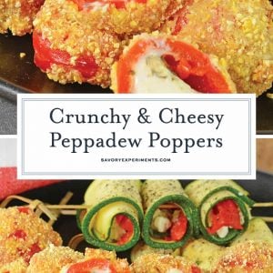 Sweet peppadew peppers stuffed with tangy goat cheese, tossed in cornmeal and then lightly fried. Dip in a chipotle aioli, green goddess or honey mustard sauce. #cheesepoppers www.savoryexperiments.com