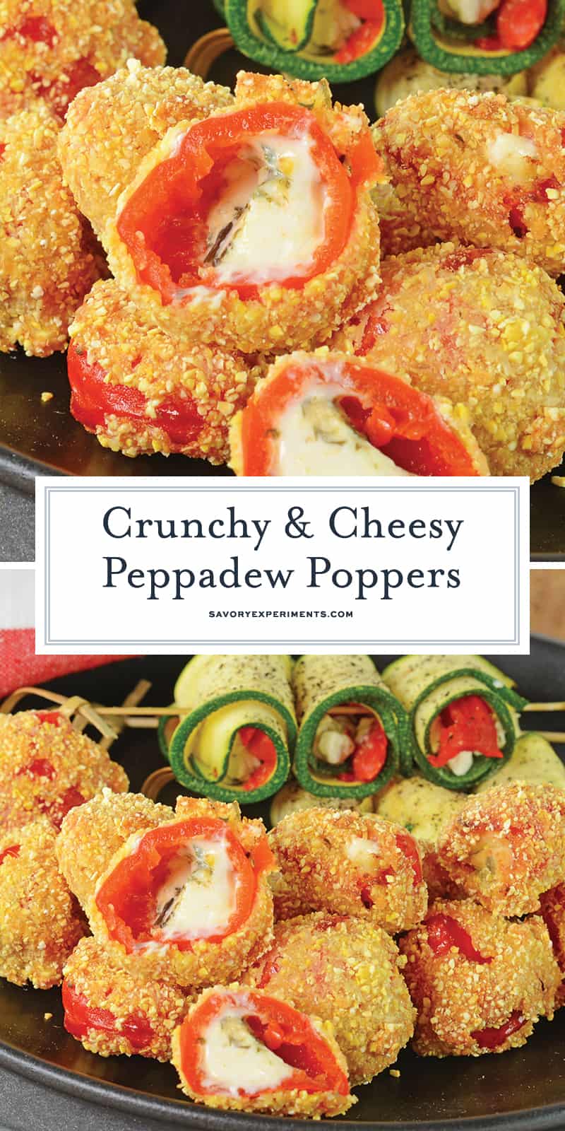 Sweet peppadew peppers stuffed with tangy goat cheese, tossed in cornmeal and then lightly fried. Dip in a chipotle aioli, green goddess or honey mustard sauce. #cheesepoppers www.savoryexperiments.com