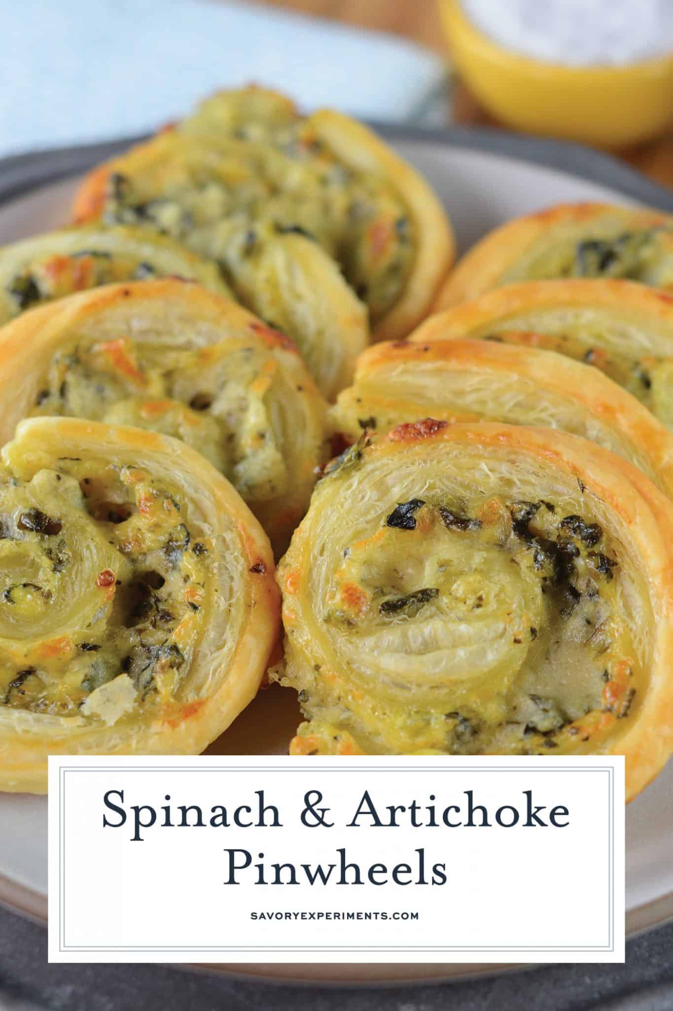 Spinach and Artichoke Pinwheels are an easy party appetizer that everyone will love! It's a Creamy dip rolled in buttery pastry and baked until crispy! #pinwheelrecipes #pinwheelappetizers #puffpastryappetizers www.savoryexperiments.com