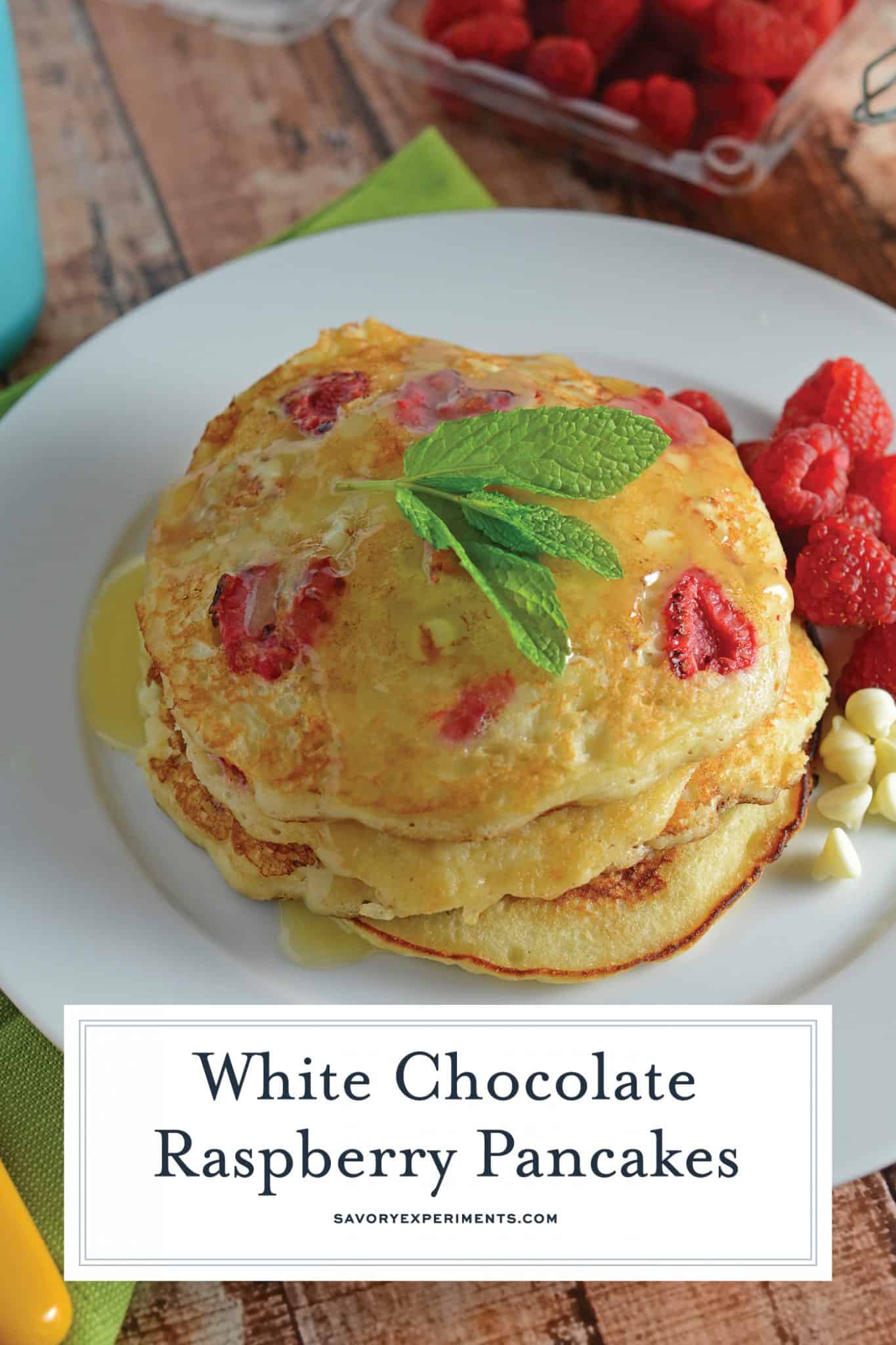 These White Chocolate Raspberry Pancakes are one of the best homemade pancakes recipes you'll find. Packed full of fresh raspberries and white chocolate chips! #homemadepancakes #fluffypancakes #pancakebatter www.savoryexperiments.com
