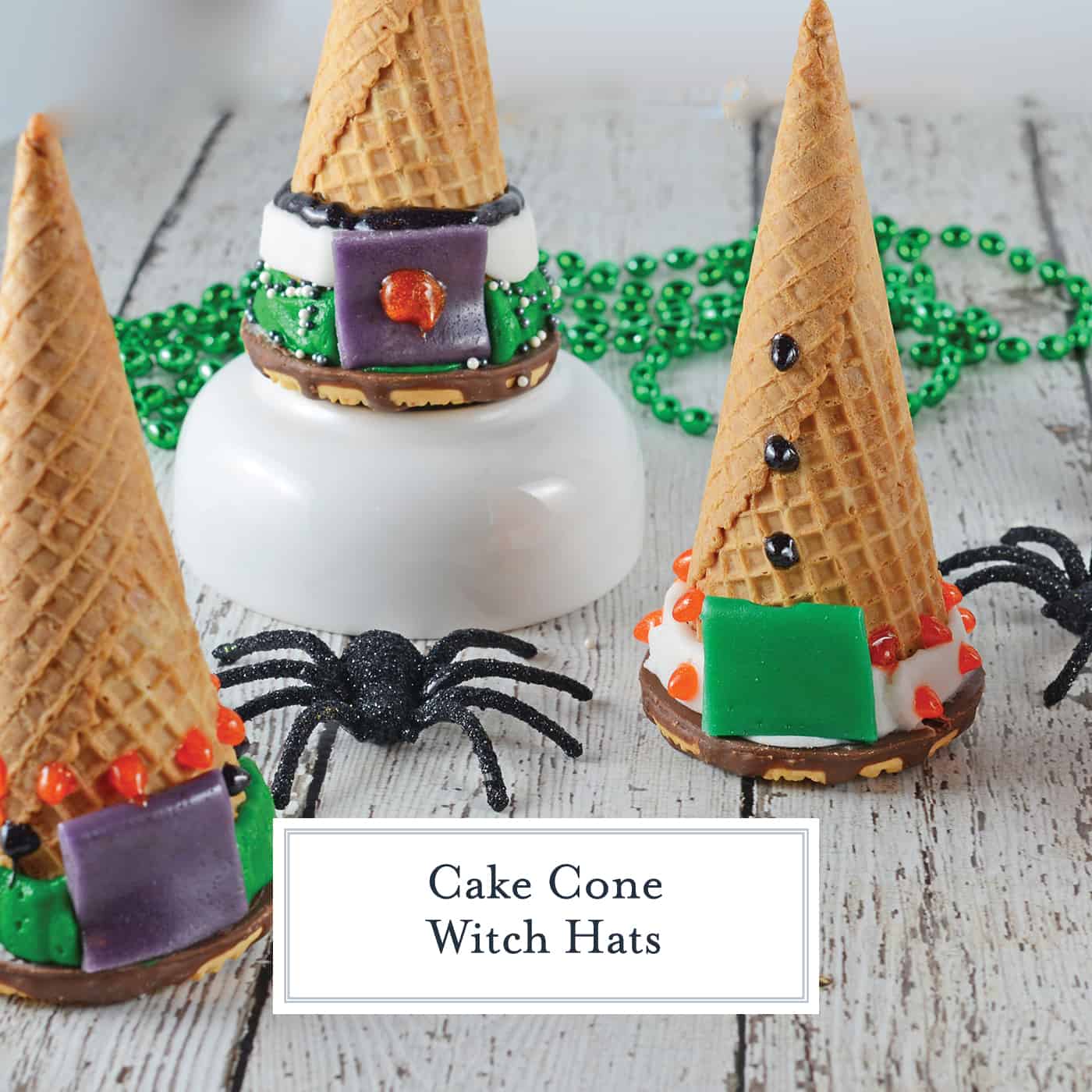 Cake Cone Witch Hats are the perfect halloween activity for kids! Bake cake into a waffle cone, cap it with a cookie, and let them decorate their own treats! #cakecone #icecreamcakecone #halloweentreats www.savoryexperiments.com