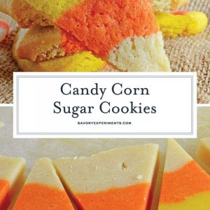 Candy Corn Sugar Cookies are the perfect Halloween Cookie! These festive and easy to make Halloween treats are perfect for any costume party! #halloweencookies #halloweendesserts #halloweensugarcookies www.savoryexperiments.com