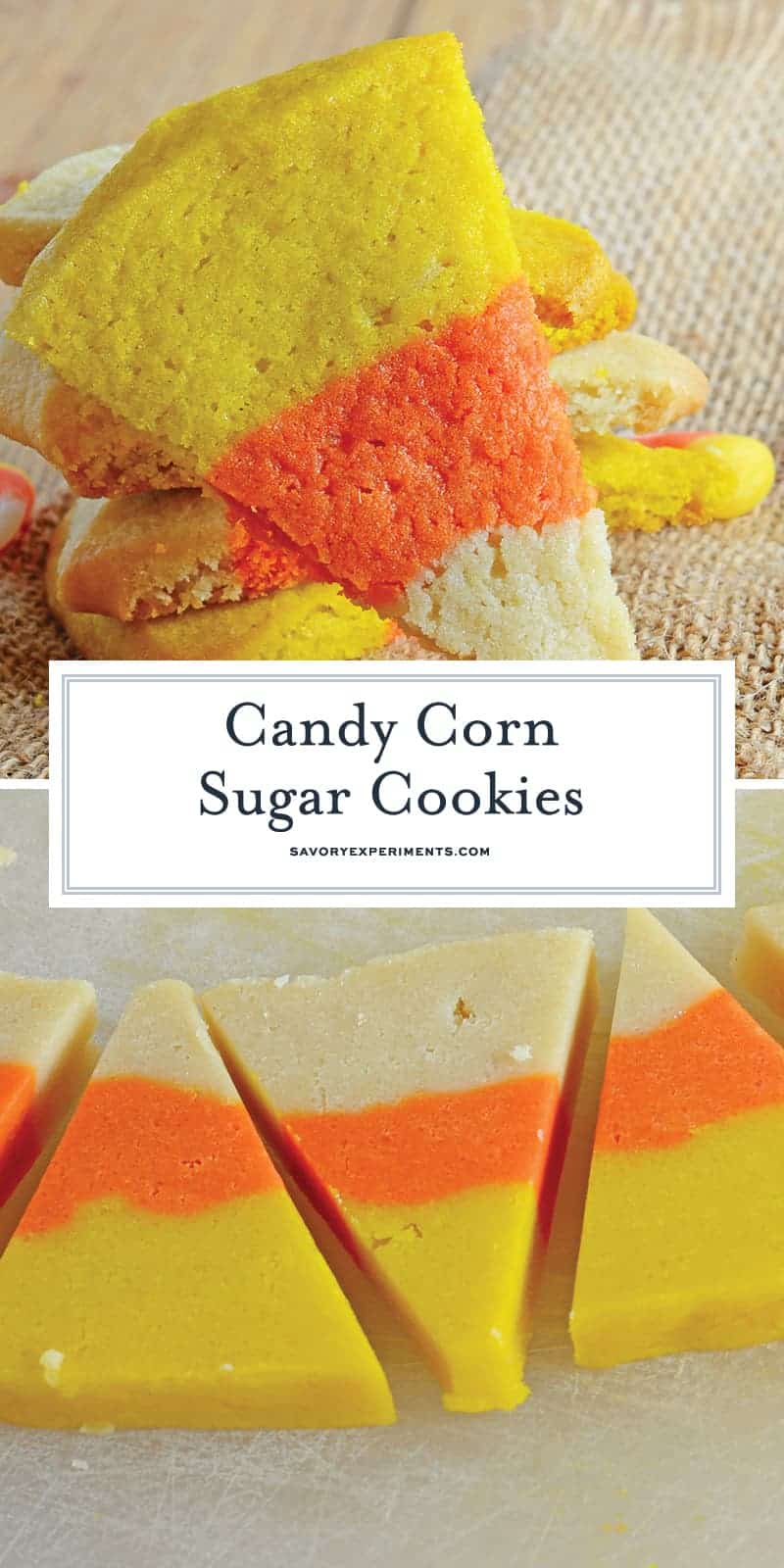Candy Corn Sugar Cookies are the perfect Halloween Cookie! These festive and easy to make Halloween treats are perfect for any costume party! #halloweencookies #halloweendesserts #halloweensugarcookies www.savoryexperiments.com