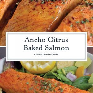 Ancho Citrus Baked Salmon is a simple, easy, low fat, vitamin packed, deliciously tasty recipe! This ancho citrus marinade is an ideal sauce to use for salmon! #easysalmonrecipes #salmonmarinade #sauceforsalmon www.savoryexperiments.com