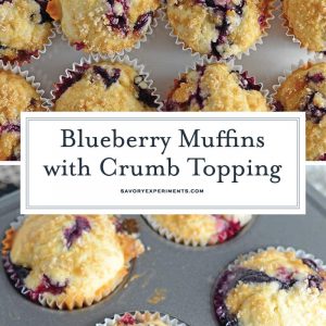 Homemade Blueberry Muffins with Crumb Topping is a super easy recipe for super soft muffins! They're delightfully light and full of flavor! #homemadeblueberrymuffins #bestblueberrymuffins www.savoryexperiments.com