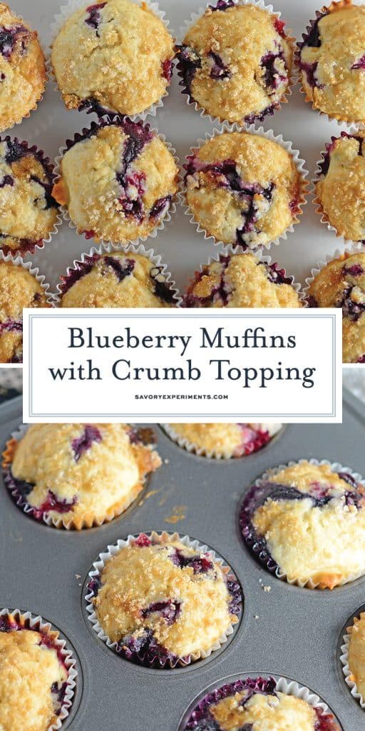 Homemade Blueberry Muffins with Crumb Topping is a super easy recipe for super soft muffins! They're delightfully light and full of flavor! #homemadeblueberrymuffins #bestblueberrymuffins www.savoryexperiments.com