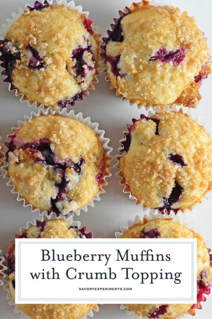 Homemade Blueberry Muffins with Crumb Topping is a super easy recipe for super soft muffins! They're delightfully light and full of flavor! #homemadeblueberrymuffins #bestblueberrymuffins www.savoryexperiments.com