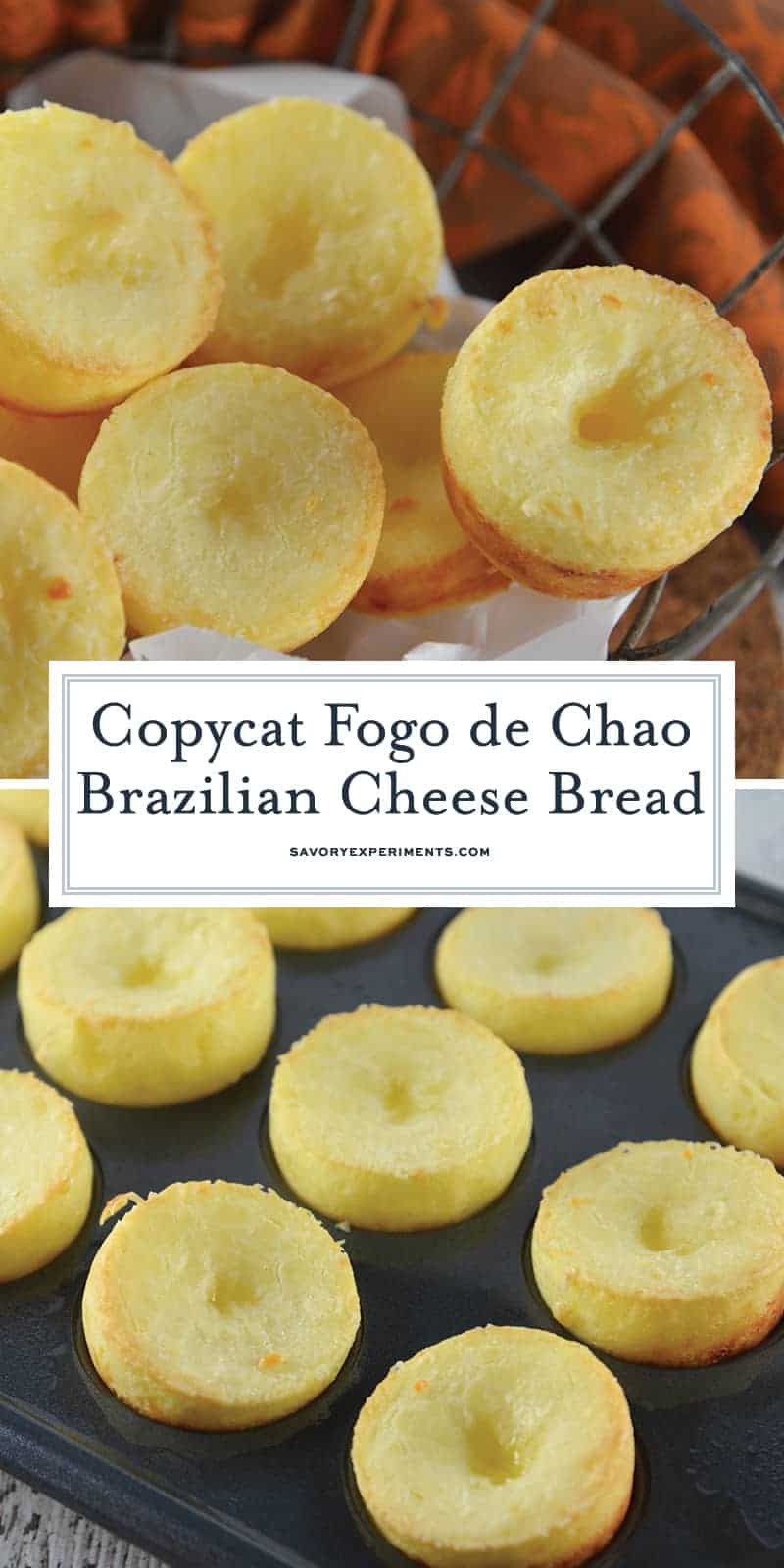Fogo de Chao Rolls, also known as Brazilian cheese puff bread, are easier to make at home than you think. This gluten-free bread is also yeast free and only takes 30 minutes!  #fogodechaorolls #braziliancheesebread www.savoryexperiments.com