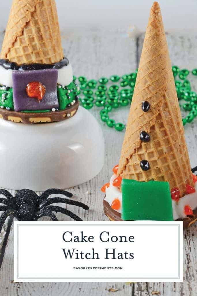 Cake Cone Witch Hats are the perfect halloween activity for kids! Bake cake into a waffle cone, cap it with a cookie, and let them decorate their own treats! #cakecone #icecreamcakecone #halloweentreats www.savoryexperiments.com