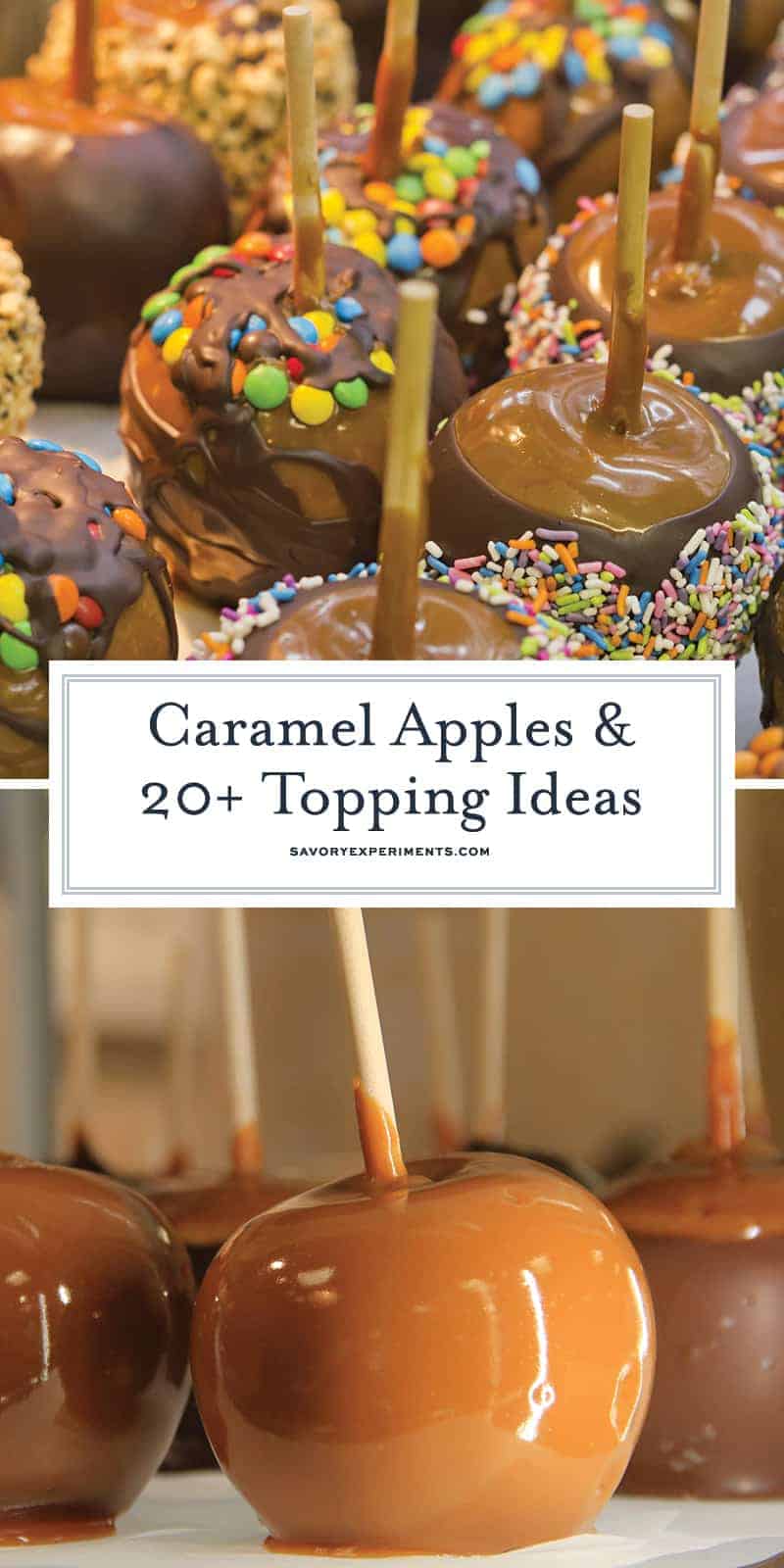 Classic caramel apples recipe with 20+ ideas to roll them in. Perfect for a fall dessert idea or a Halloween treat! #caramelapples www.savoryexperiments.com