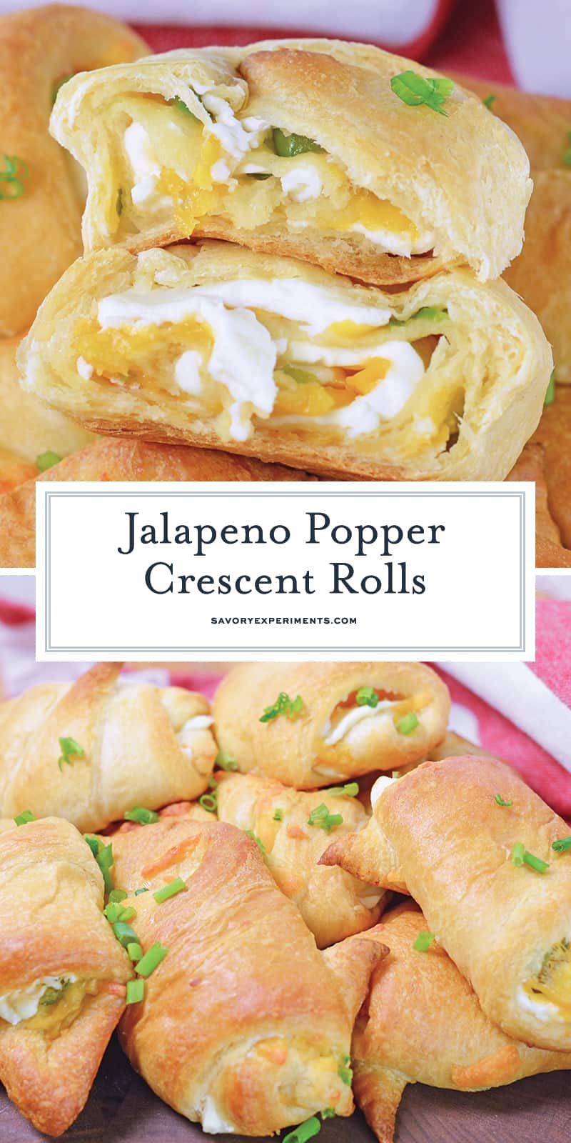 This Jalapeno Popper Crescent Rolls recipe is filled with cream cheese, jalapenos, and cheddar cheese wrapped in a flaky croissant dough. #crescentrollrecipes #crescentrollappetizers www.savoryexperiments.com