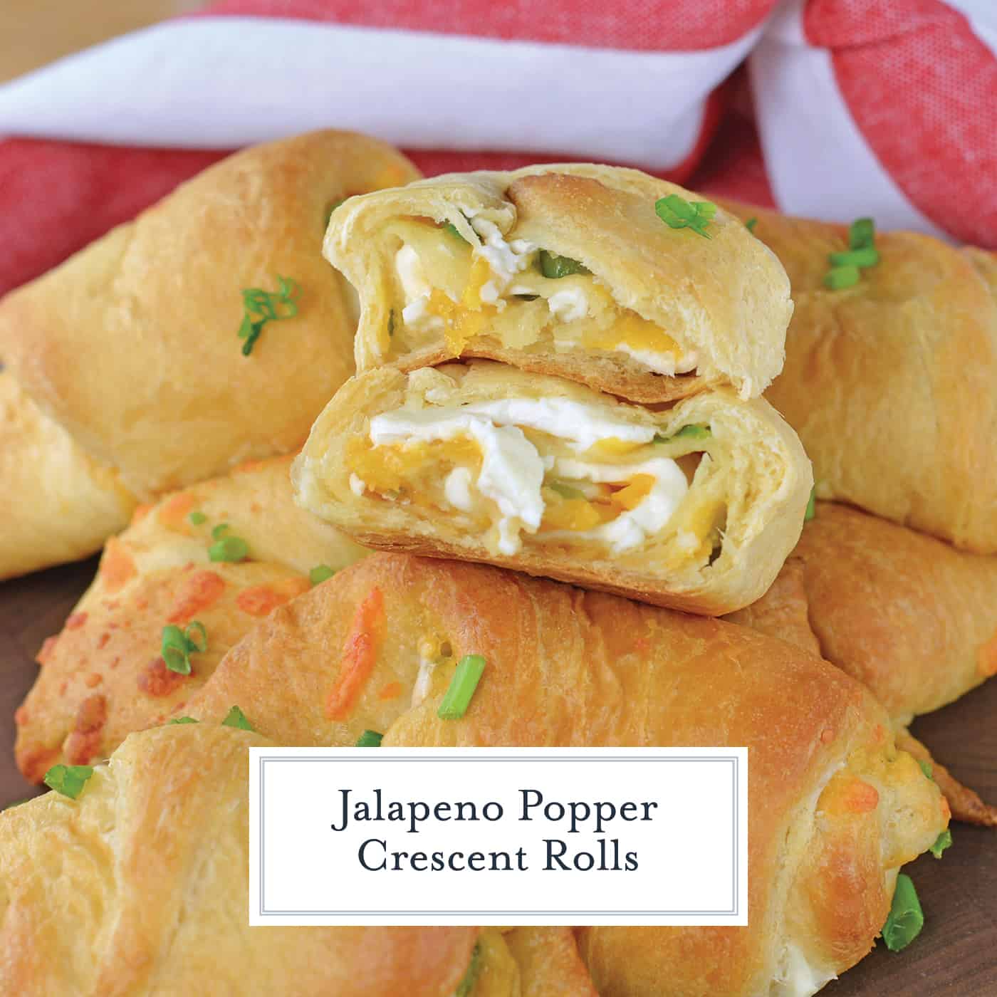 Jalapeno Popper Crescent Roll cut in half with text overlay for facebook