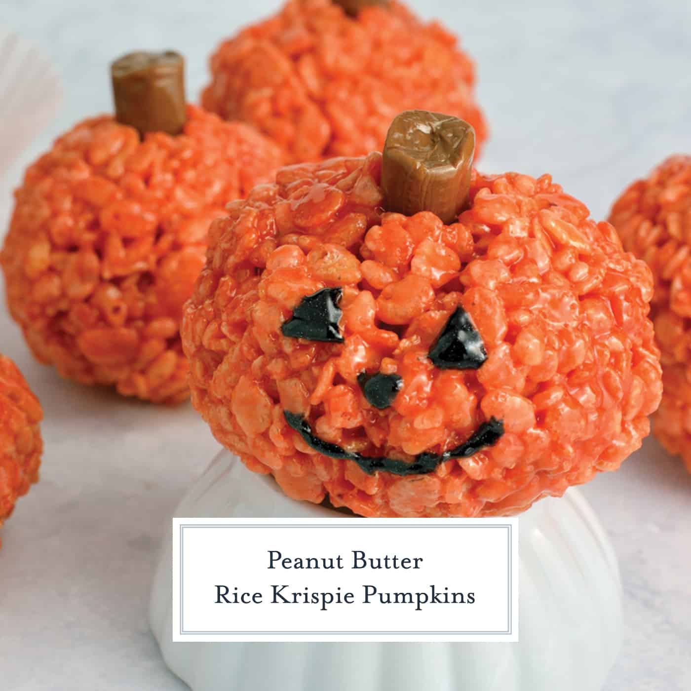 Pumpkin Rice Krispie Treats are perfect for any fall gathering or as an easy Halloween dessert! Ready in only 20 minutes, everyone will love them! #halloweenricekrispietreats #pumpkinricekrispietreats www.savoryexperiments.com