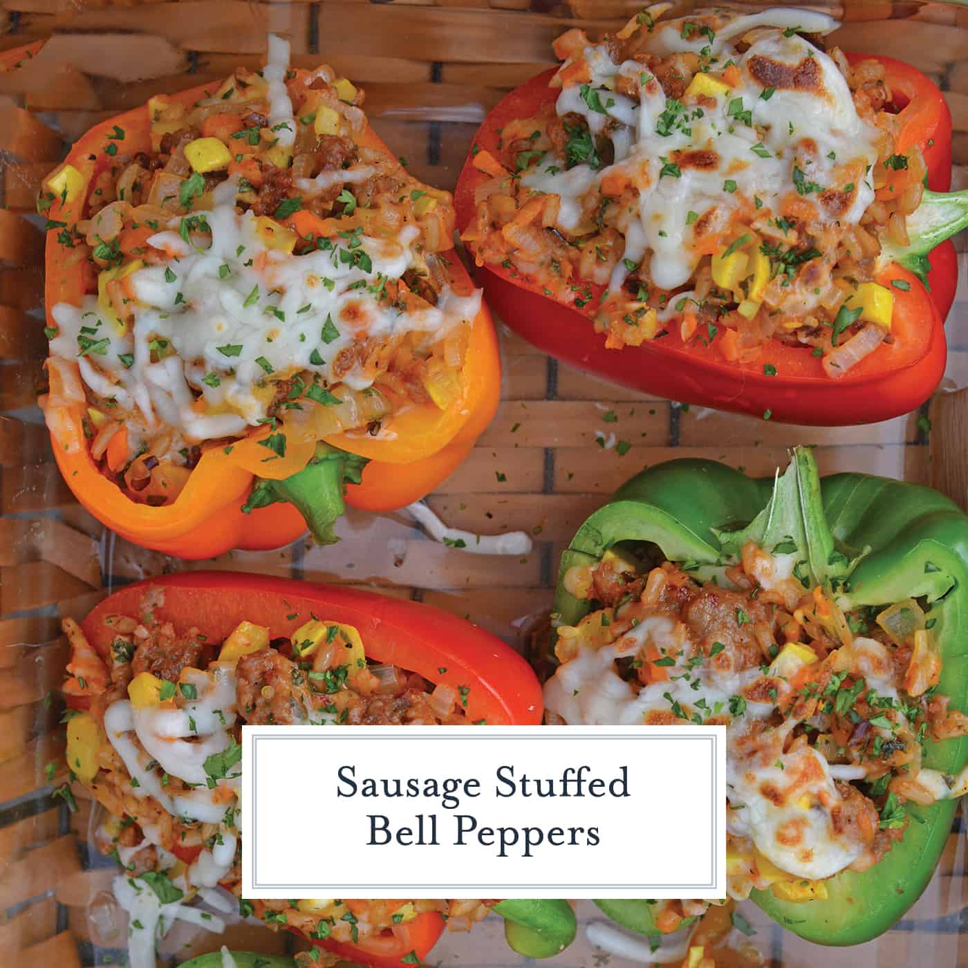 Sausage Stuffed Bell Peppers are a classic Italian dish using stuffed peppers with rice, sausage and lots of colorful vegetables. This make ahead dinner recipe will be a family favorite. #makeaheaddinner #stuffedbellepeppers www.savoryexperiments.com