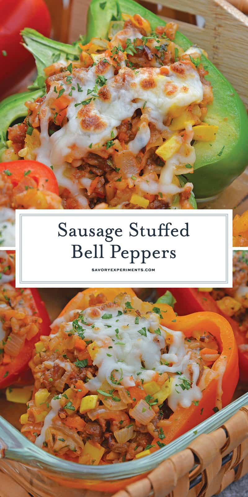 Sausage Stuffed Bell Peppers are a classic Italian dish using stuffed peppers with rice, sausage and lots of colorful vegetables. This make ahead dinner recipe will be a family favorite. #makeaheaddinner #stuffedbellepeppers www.savoryexperiments.com