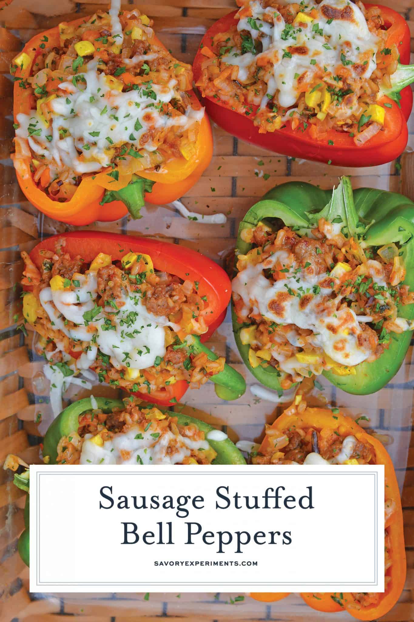 Sausage Stuffed Bell Peppers are a classic Italian dish using stuffed peppers with rice, sausage and lots of colorful vegetables. This make ahead dinner recipe will be a family favorite. #makeaheaddinner #stuffedbellepeppers www.savoryexperiments.com