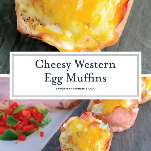 Get ready for these Western Egg Muffins to be your favorite type of Breakfast Eggs. Whether you are eating these baked egg cups at home or on the road, they are sure to be delicious! #bakedeggcups #breakfasteggs #eggmuffins www.savoryexperiments.com