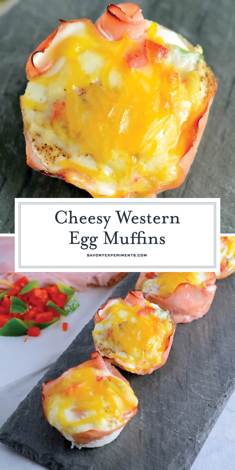 Get ready for these Western Egg Muffins to be your favorite type of Breakfast Eggs. Whether you are eating these baked egg cups at home or on the road, they are sure to be delicious! #bakedeggcups #breakfasteggs #eggmuffins www.savoryexperiments.com