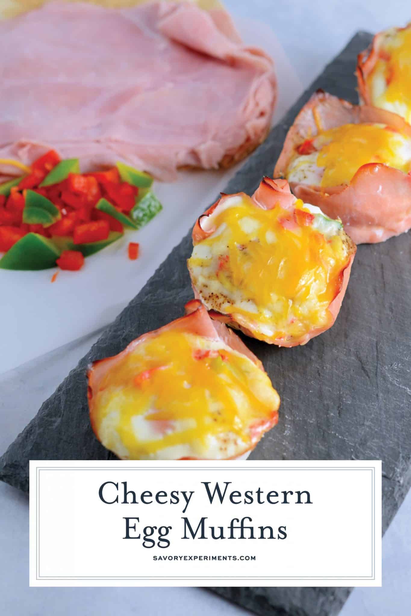 Get ready for these Western Egg Muffins to be your favorite type of Breakfast Eggs. Whether you are eating these baked egg cups at home or on the road, they are sure to be delicious! #bakedeggcups #breakfasteggs #eggmuffins www.savoryexperiments.com