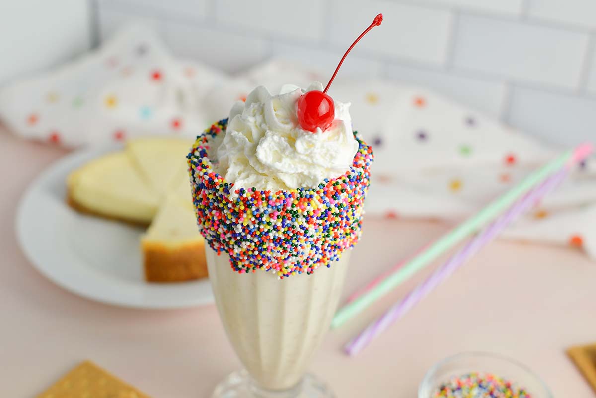 angle of cheesecake milkshake with whipped cream