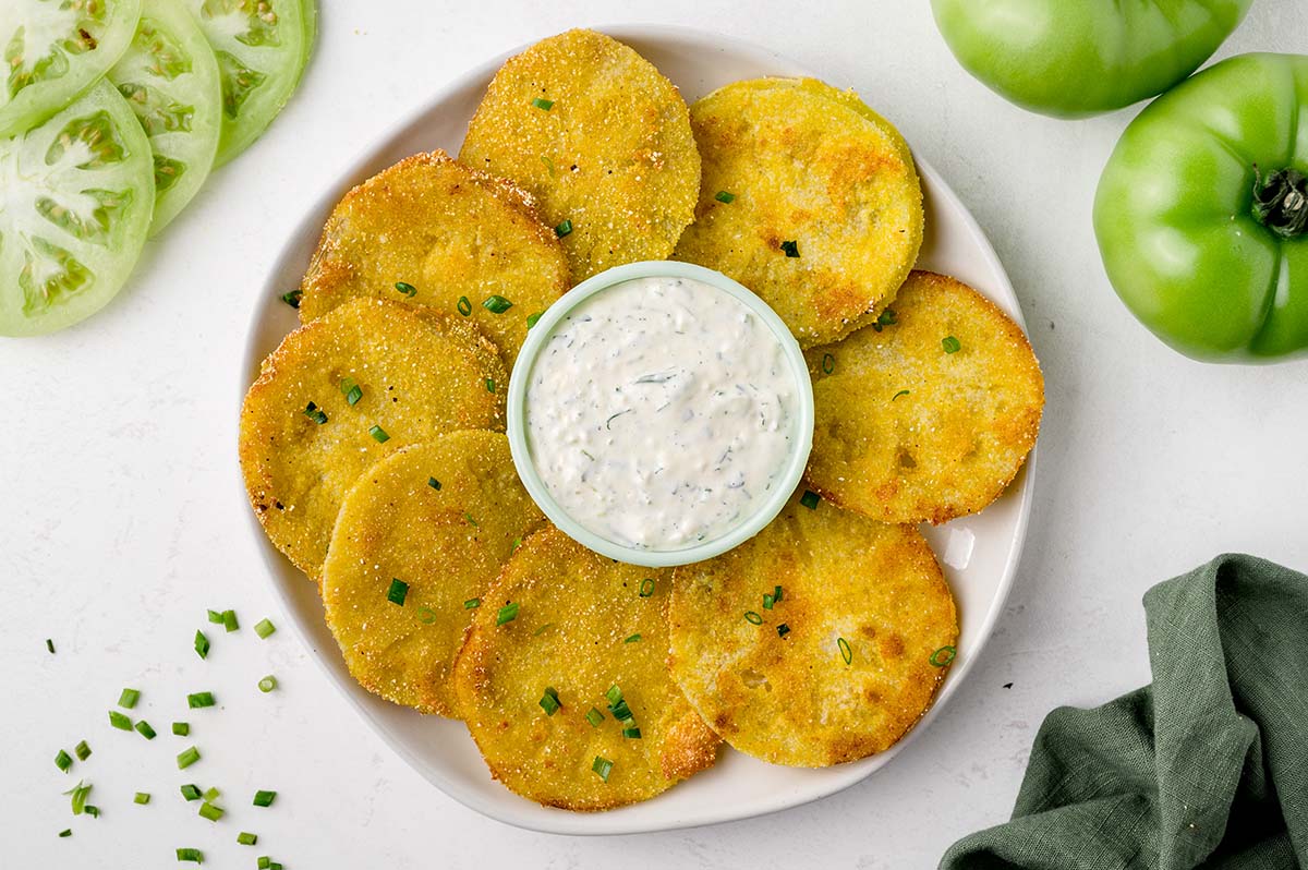 overhead plate of fried green tomatoes