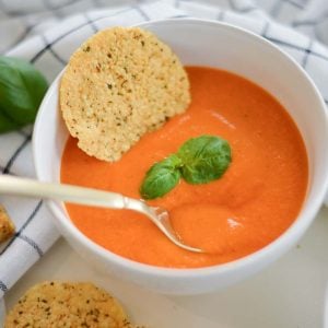 spoon in bowl of tomato soup