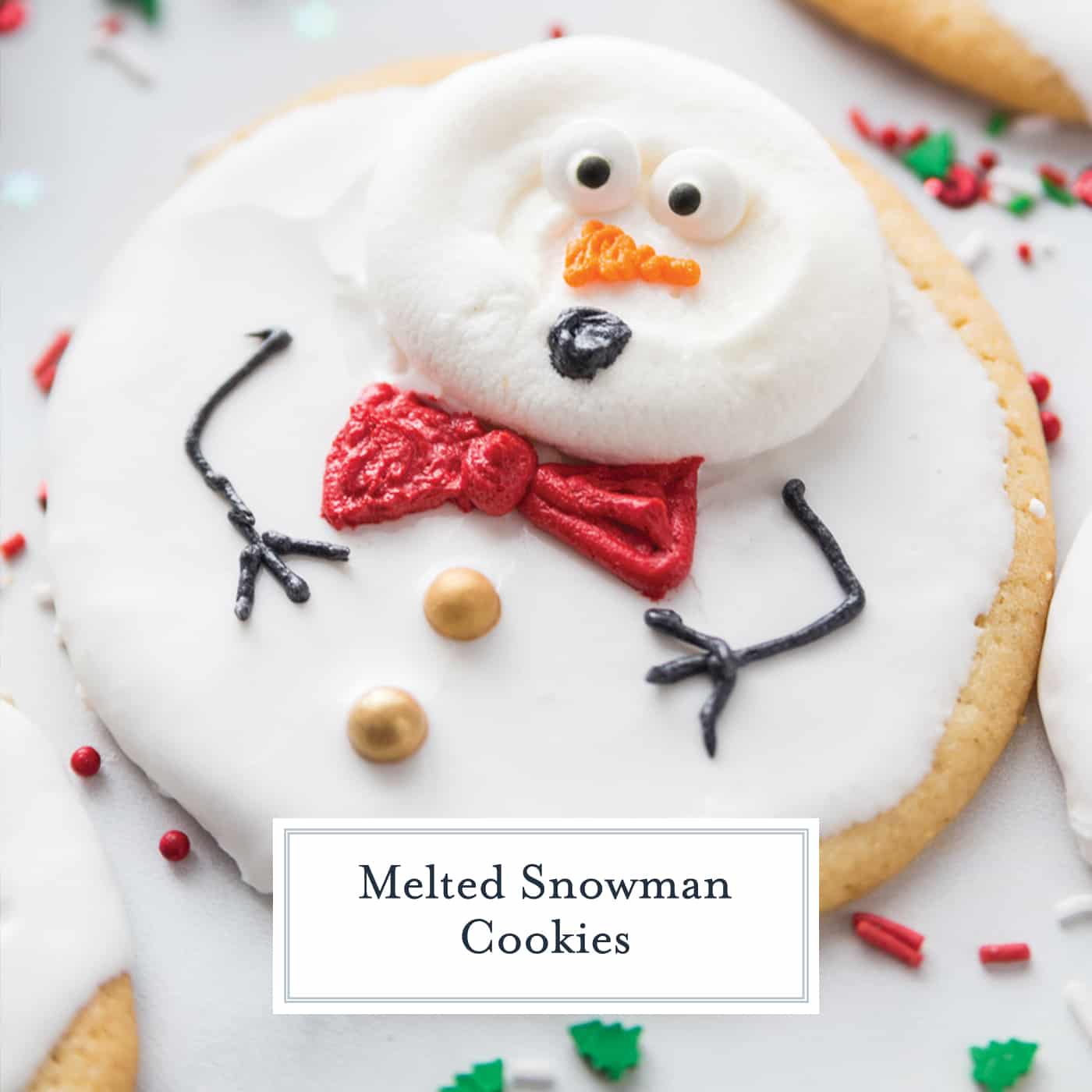 Super easy and fun to decorate, Melted Snowman Cookies are great for a children's project on a cold winter day. The cutest Christmas cookies ever! #meltedsnowmancookies #meltingsnowmen #easychristmascookies www.savoryexperiments.com