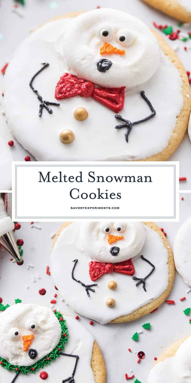 Super easy and fun to decorate, Melted Snowman Cookies are great for a children's project on a cold winter day. The cutest Christmas cookies ever! #meltedsnowmancookies #meltingsnowmen #easychristmascookies www.savoryexperiments.com