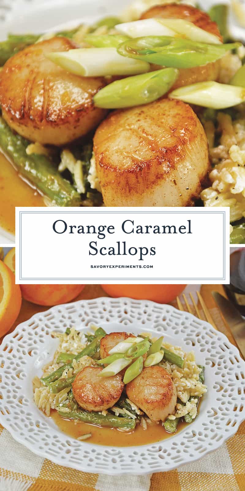 Orange Caramel Scallops are an easy recipe that brings the feel of the restaurant right to your home! Scallops covered in a sticky, sweet orange caramel sauce! #scallopsrecipe #seascallopsversusbayscallops www.savoryexperiments.com