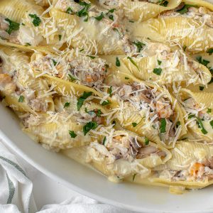 close up of seafood stuffed shells