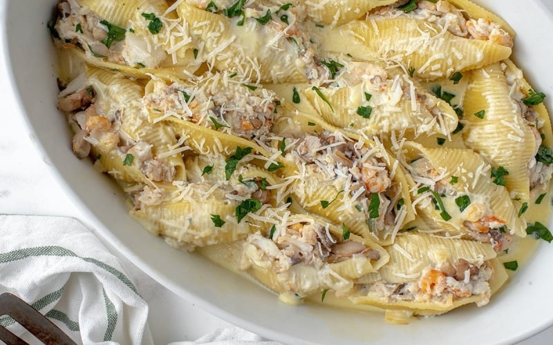 close up of seafood stuffed shells