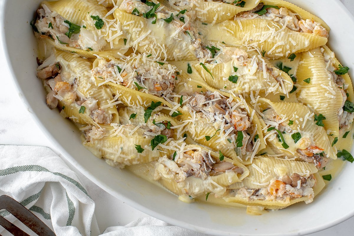 close up of seafood stuffed shells