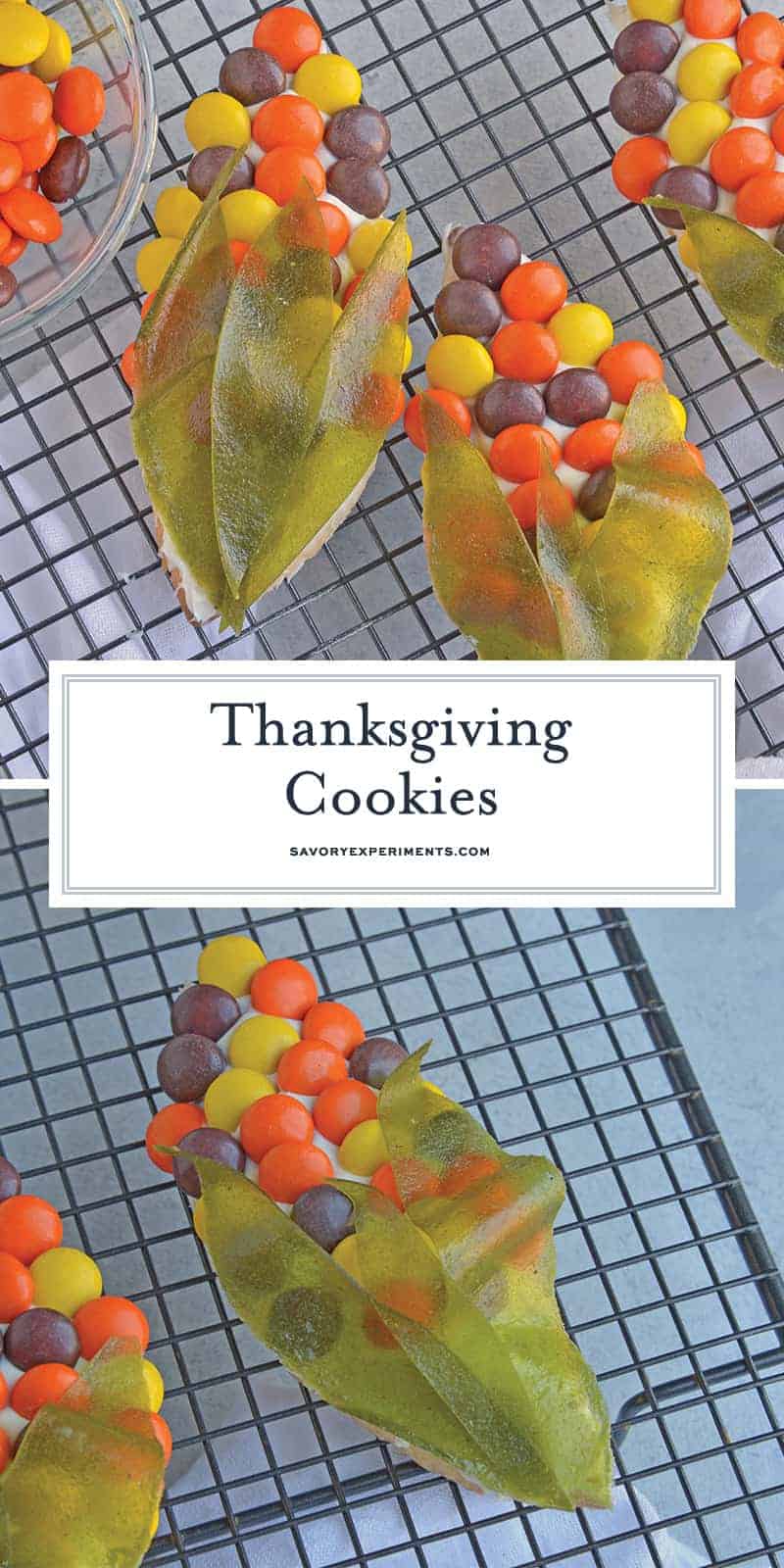 Thanksgiving Cookies are super cute sugar cookie cutouts that can be made alongside your Thanksgiving Turkey Cookies! #sugarcookiecutoutrecipe #thanksgivingcookies #thanksgivingturkeycookies www.savoryexperiments.com 