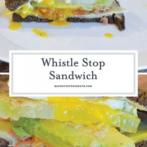 The Whistle Stop Sandwich is a fried drippy egg, avocado, cornmeal crusted green tomato, cheddar and bacon on soft pumpernickel. Crunchy, creamy, sweet and savory. #tomatosandwich www.savoryexperiments.com