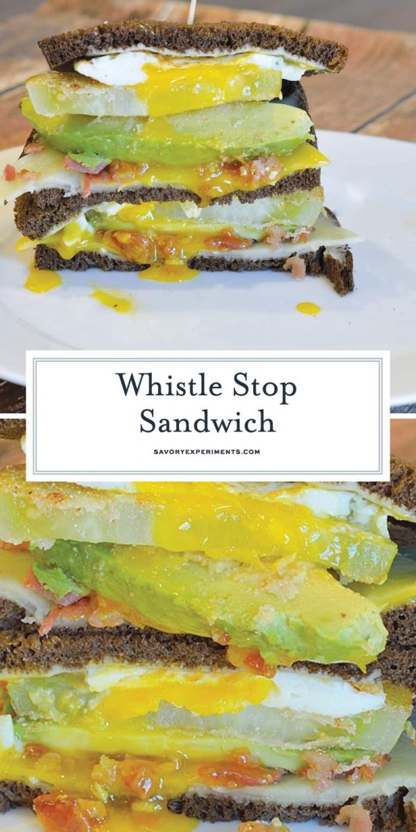 The Whistle Stop Sandwich is a fried drippy egg, avocado, cornmeal crusted green tomato, cheddar and bacon on soft pumpernickel. Crunchy, creamy, sweet and savory. #tomatosandwich www.savoryexperiments.com