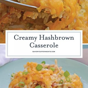 Hash Brown Casserole is great breakfast or brunch dish made with hash browns, onions, bacon and cheese. A delicious make ahead dish everyone will love! #funeralpotatoes #hashbrowncasseroles #potatohotdish www.savoryexperiments.com