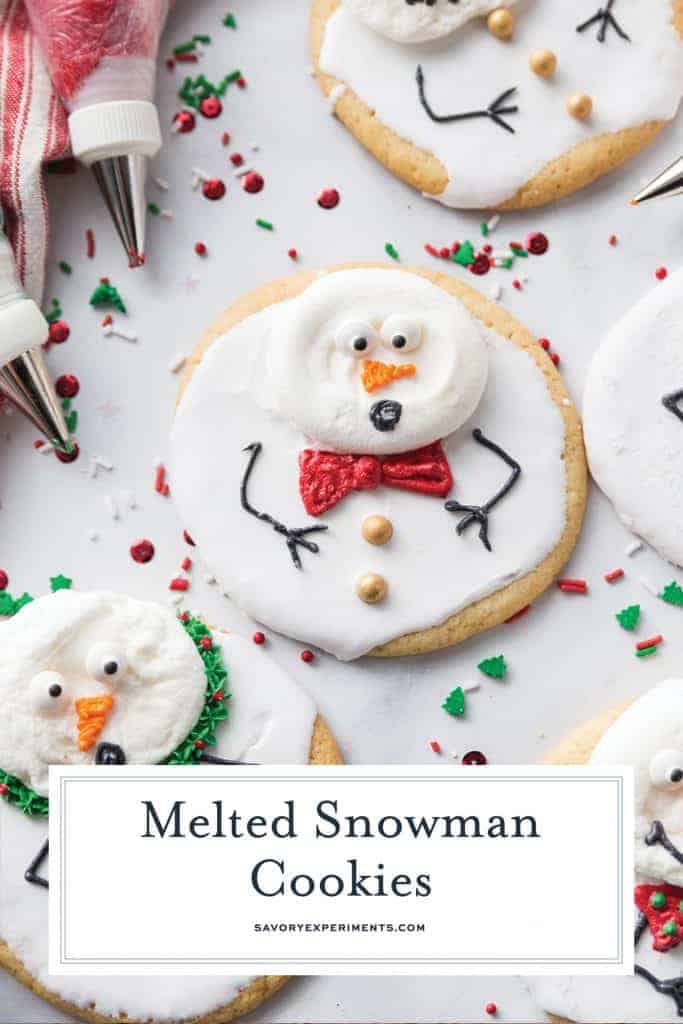 Super easy and fun to decorate, Melted Snowman Cookies are great for a children's project on a cold winter day. The cutest Christmas cookies ever! #meltedsnowmancookies #meltingsnowmen #easychristmascookies www.savoryexperiments.com