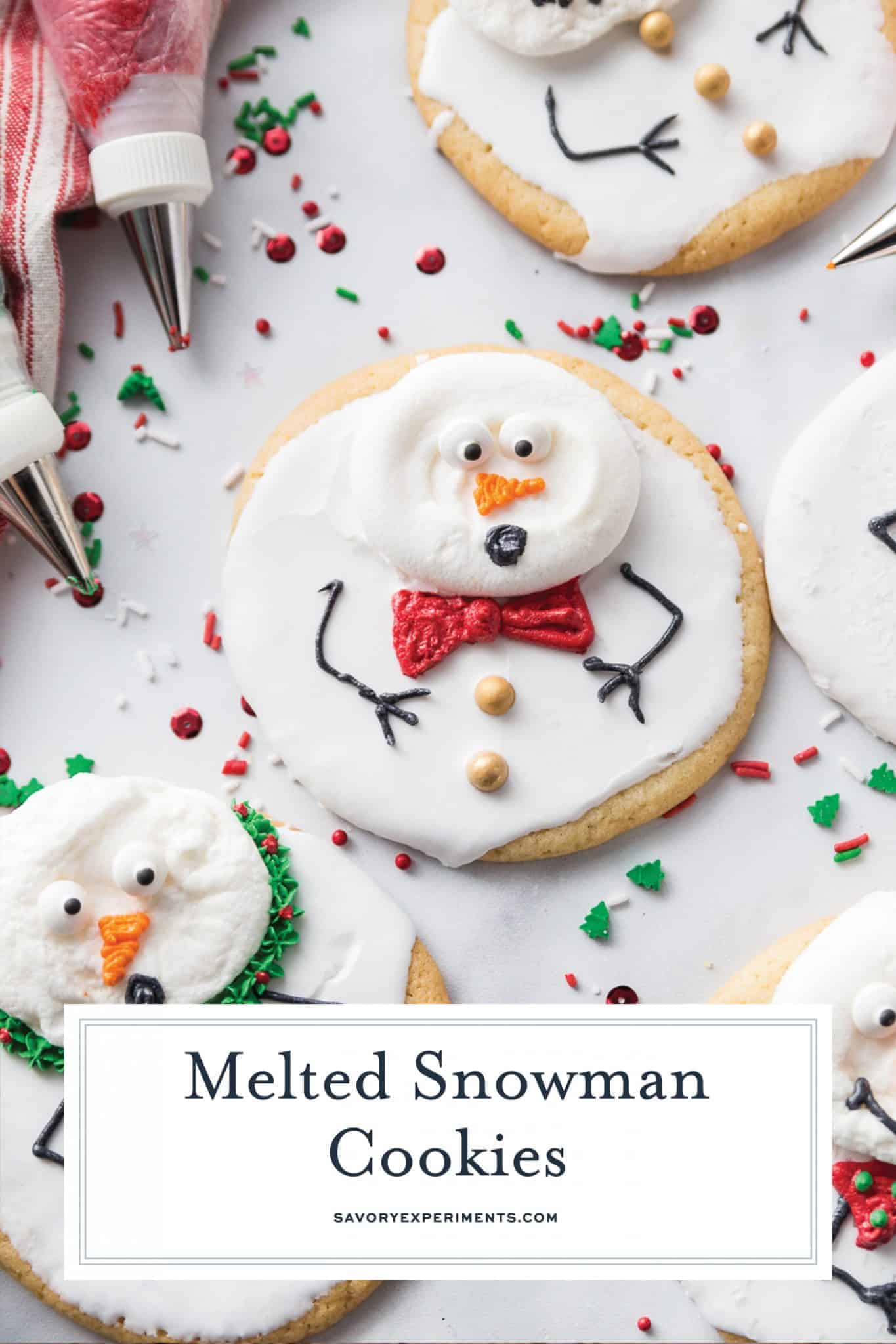 Super easy and fun to decorate, Melted Snowman Cookies are great for a children's project on a cold winter day. The cutest Christmas cookies ever! #meltedsnowmancookies #meltingsnowmen #easychristmascookies www.savoryexperiments.com
