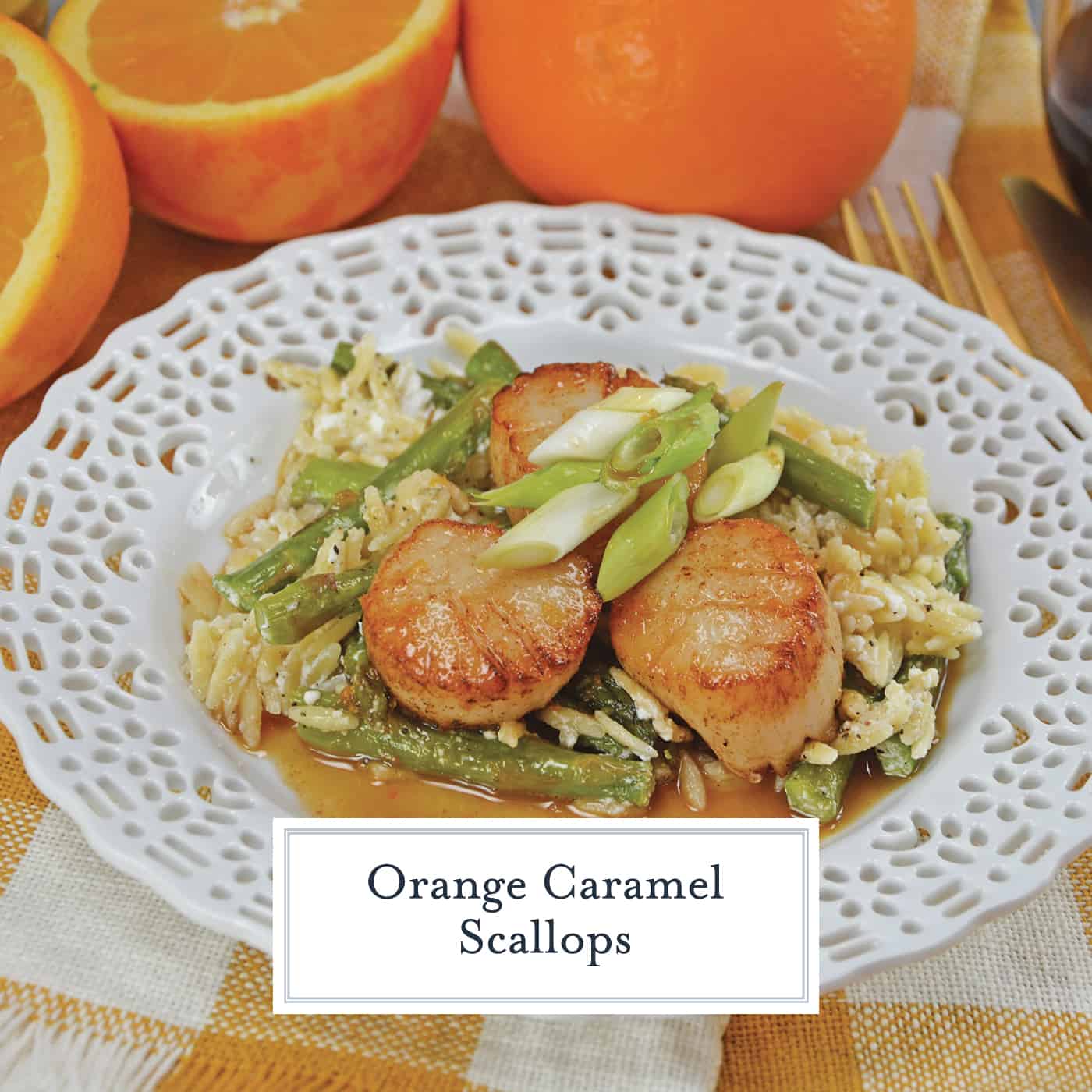 Orange Caramel Scallops are an easy recipe that brings the feel of the restaurant right to your home! Scallops covered in a sticky, sweet orange caramel sauce! #scallopsrecipe #seascallopsversusbayscallops www.savoryexperiments.com