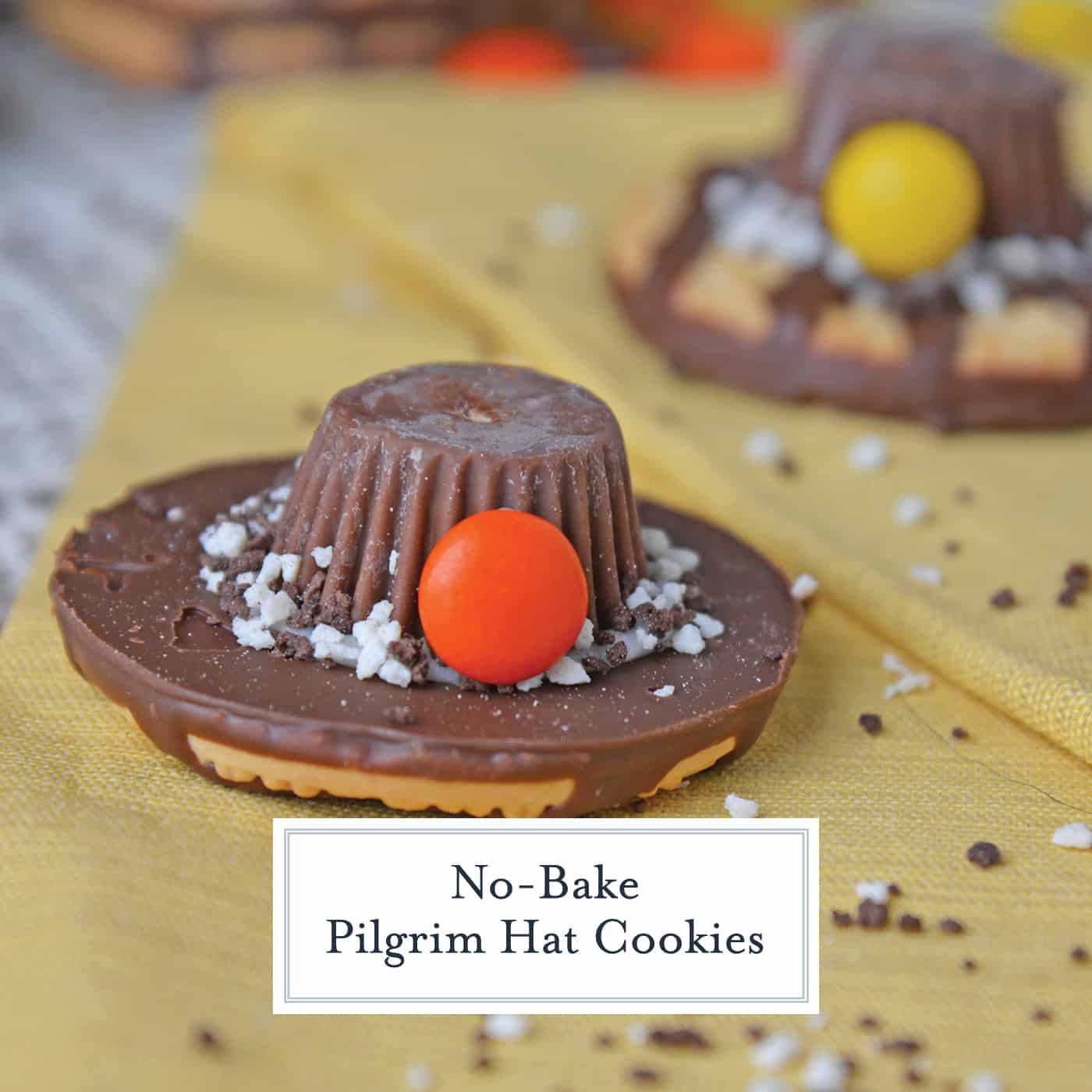 No-bake Pilgrim Hat Cookies are a cute activity for kids and the perfect Thanksgiving dessert. They require no baking and only 4 ingredients! #thanksgivingcookies #pilgrimhats www.savoryexperiments.com