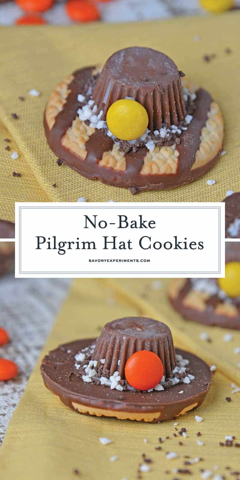 No-bake Pilgrim Hat Cookies are a cute activity for kids and the perfect Thanksgiving dessert. They require no baking and only 4 ingredients! #thanksgivingcookies #pilgrimhats www.savoryexperiments.com