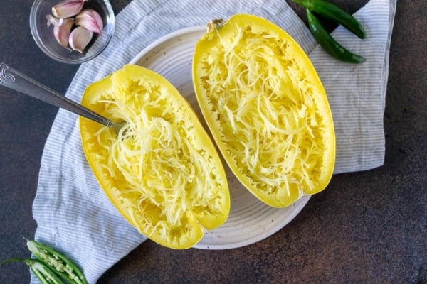 stringy spaghetti squash on a plate