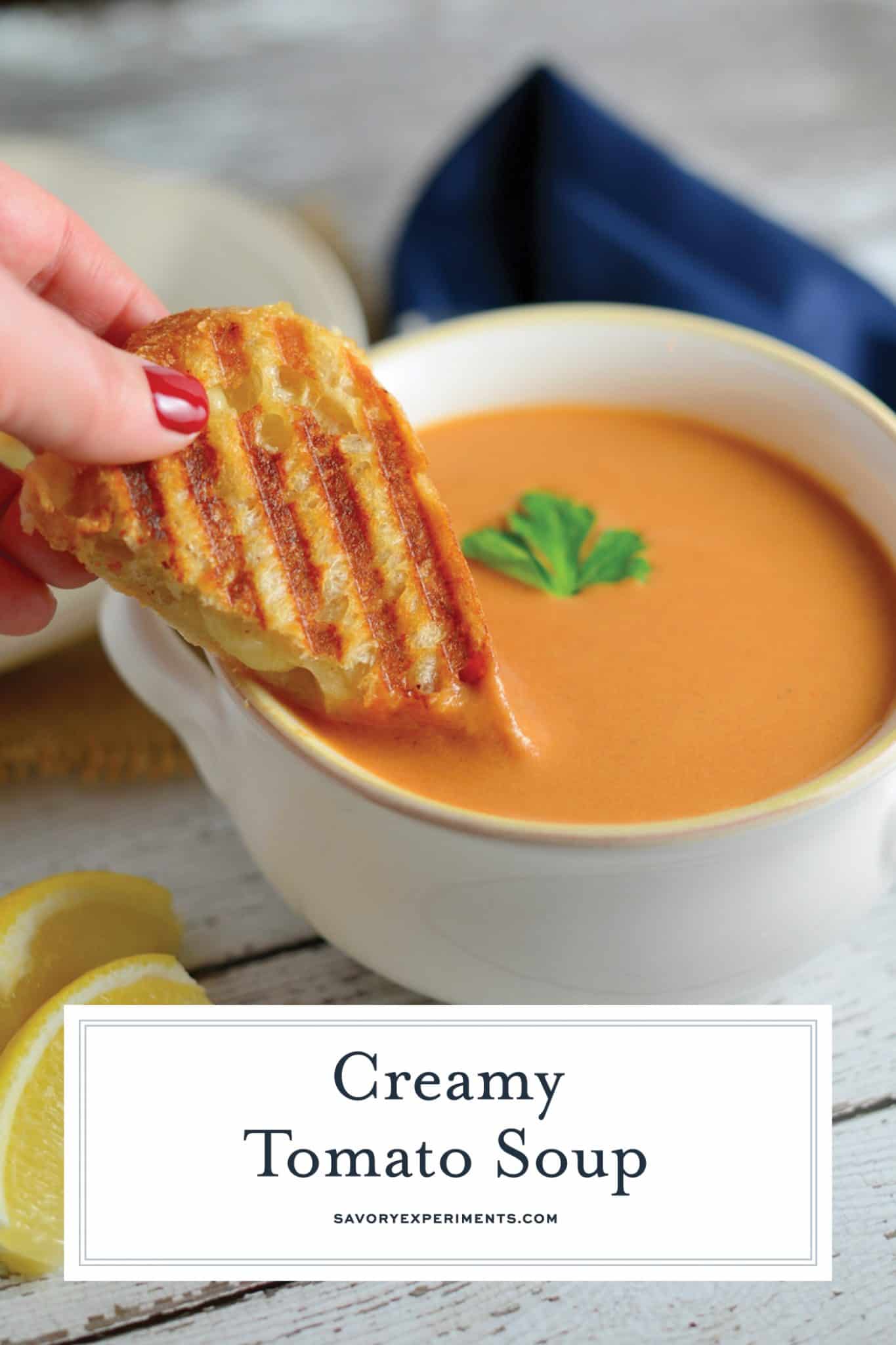Creamy Homemade Tomato Soup is rich and creamy, full of flavor from roasted onions, tomatoes and garlic! Make-ahead and freezer friendly! #tomatosouprecipe #homemadetomatosoup www.savoryexperiments.com
