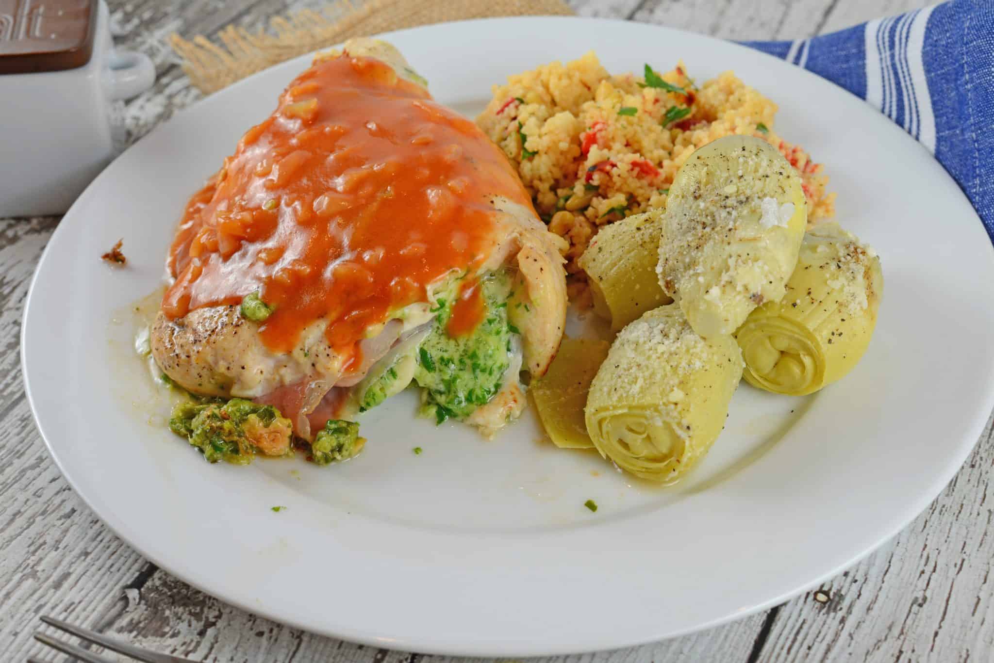 Gruyere and Prosciutto Stuffed Chicken is topped off with a silky tomato and shallot sauce. While this looks like a restaurant caliber meal, it only takes about 1 hour!