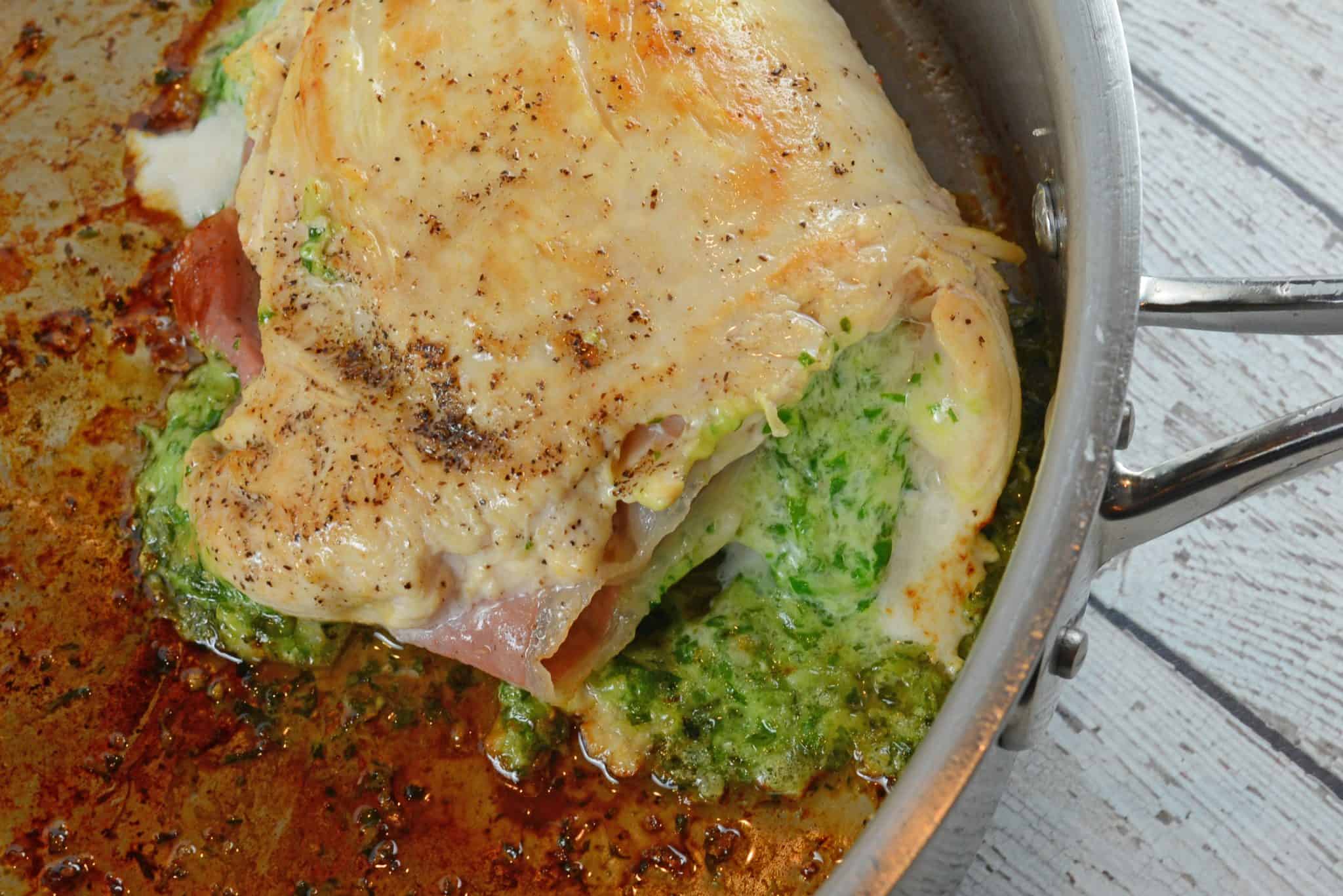Gruyere and Prosciutto Stuffed Chicken is topped off with a silky tomato and shallot sauce. While this looks like a restaurant caliber meal, it only takes about 1 hour!