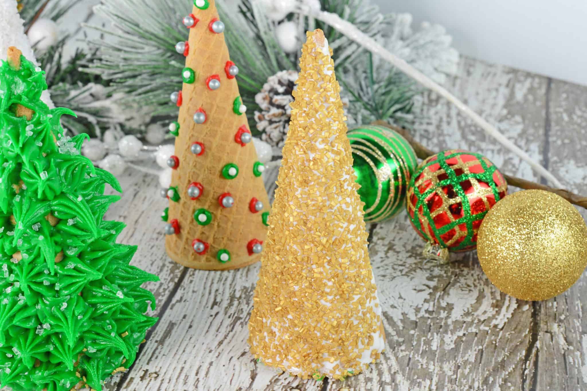 Christmas Tree Cake Cones are filled with cake and frosting and then festively decorated and a fun holiday activity for kids.