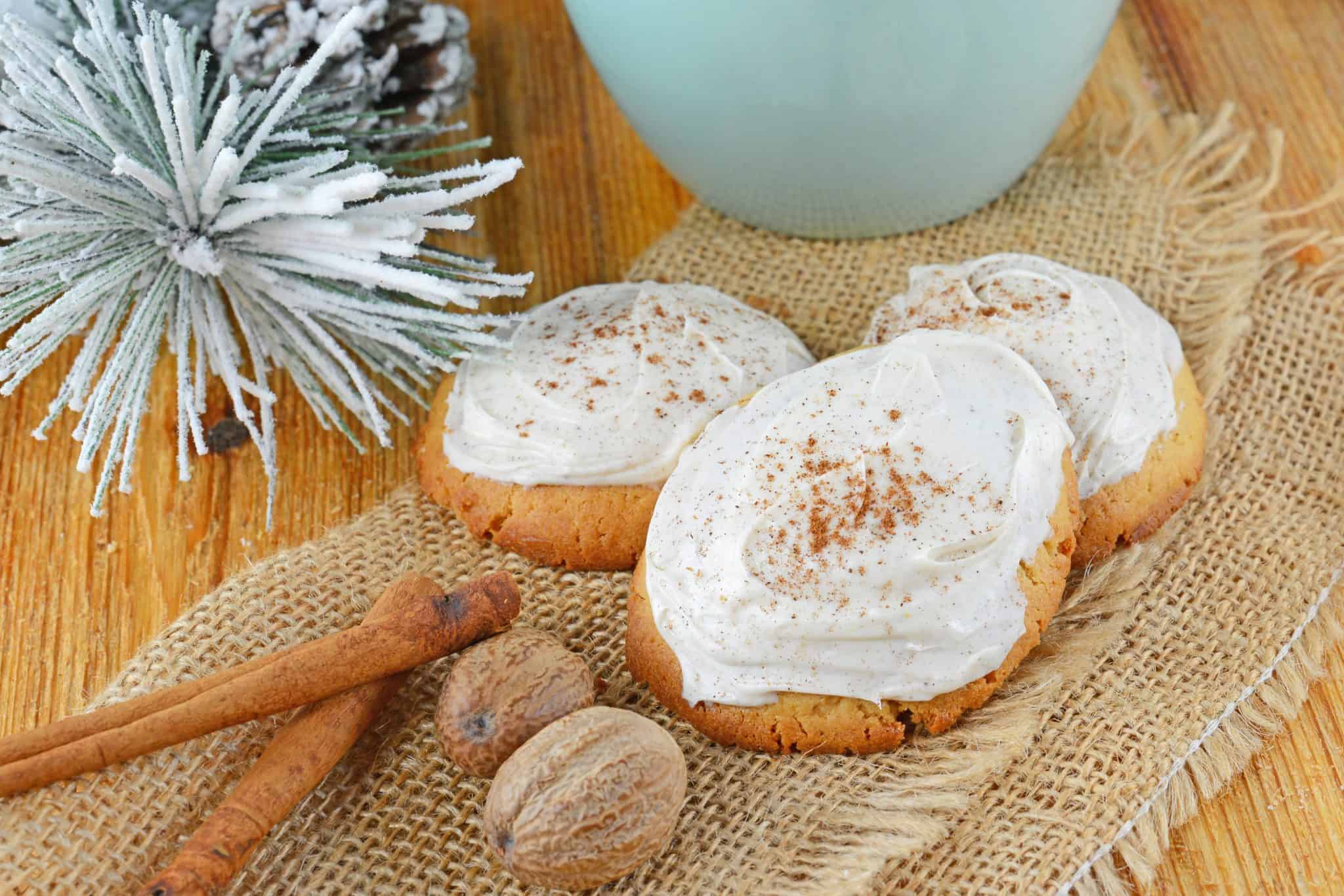 Eggnog Cookies have eggnog mixed into the cookie and the frosting! These cookies come straight from the North Pole and are the best way to use up just a few tablespoons of eggnog.