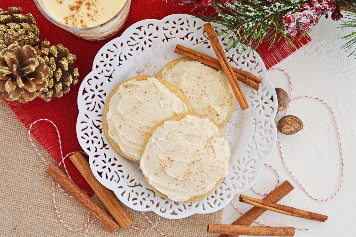 frosted eggnog cookies on a plate