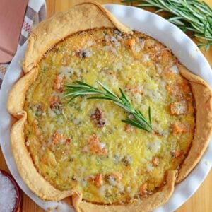 Sweet Potato Quiche can be made as a brunch, entree or side dish. Roasted sweet potatoes, red onion, bacon and rosemary make this a winning quiche recipe!